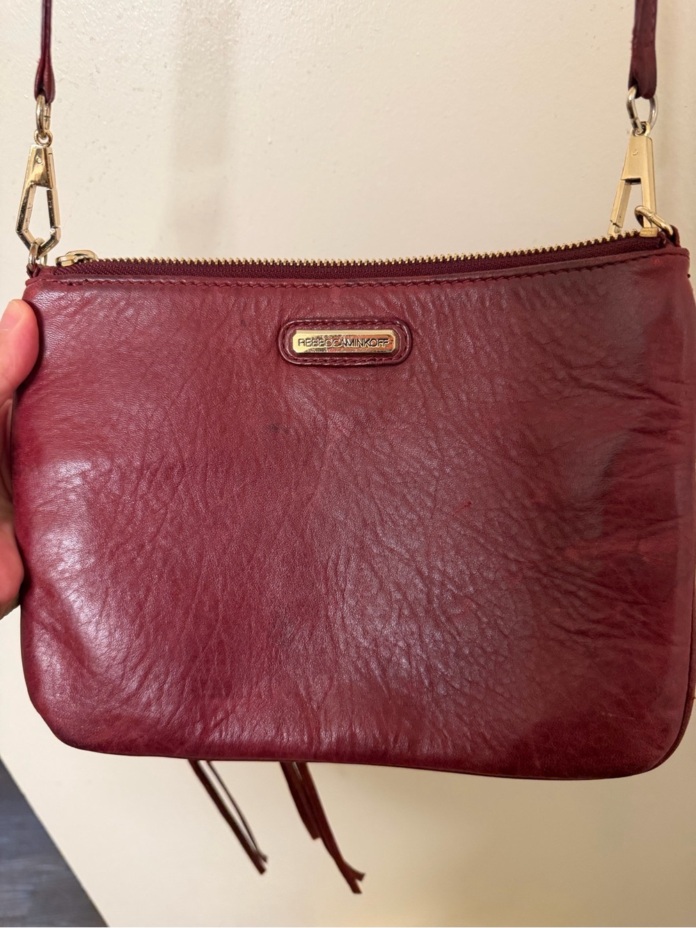 Rebecca Minkoff Wine Leather Crossbody Bag with Gold Hardware 3 Zip Rocker